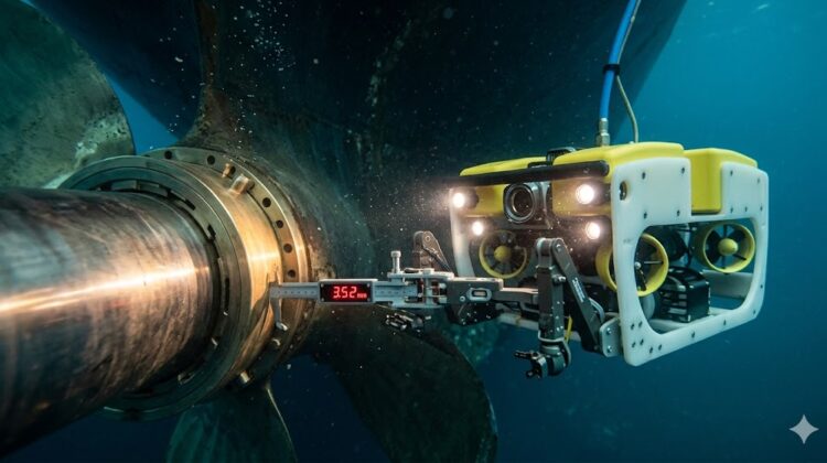Underwater Tailshaft clearance measurements using ROV on commercial vessel propeller shaft to detect alignment issues and prevent propulsion failure.