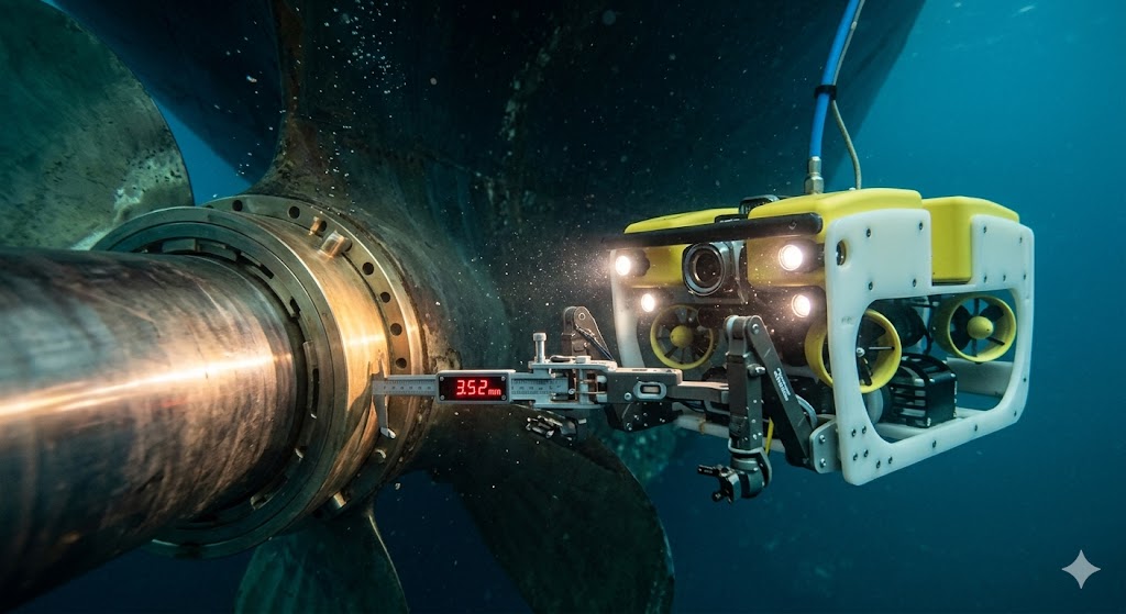 Underwater Tailshaft clearance measurements using ROV on commercial vessel propeller shaft to detect alignment issues and prevent propulsion failure.