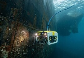Underwater Hull Inspection by ROV on commercial vessel for marine hull maintenance, corrosion detection and underwater compliance inspection.