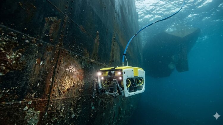 Underwater Hull Inspection by ROV on commercial vessel for marine hull maintenance, corrosion detection and underwater compliance inspection.