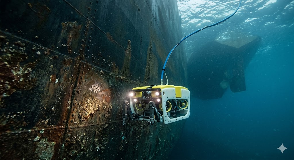 Underwater Hull Inspection by ROV on commercial vessel for marine hull maintenance, corrosion detection and underwater compliance inspection.